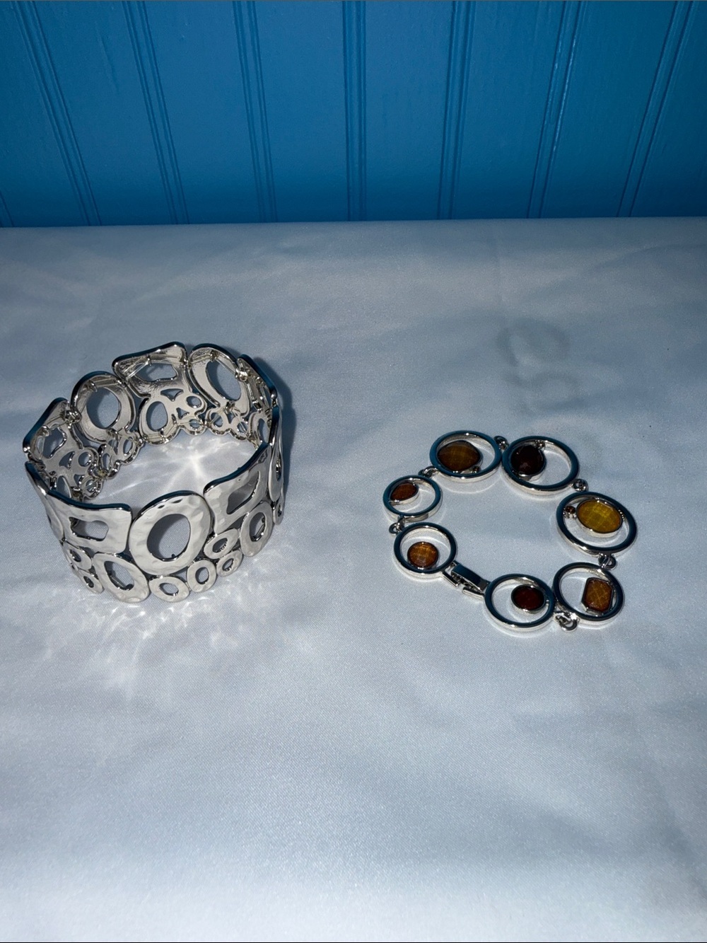 Silver Circle Link Cuff and Amber Accent Bracelet Set